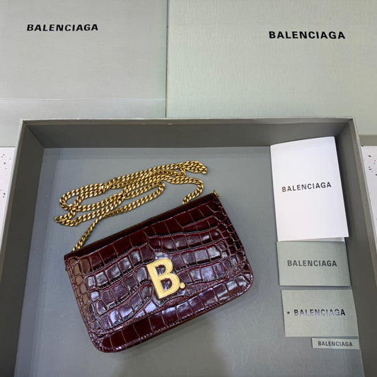 BLN-Ciaga Croc Embossed Patent B Bag With Chain In Dark Red, For Women,  Bags 7.9in/20cm