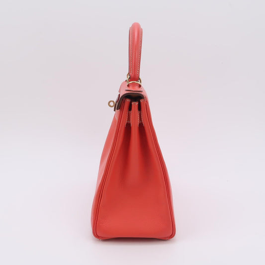 Hermes Kelly 28 Retourne Calfskin Leather Rose Exterior Brown Interior Gold Hardware Double Ring