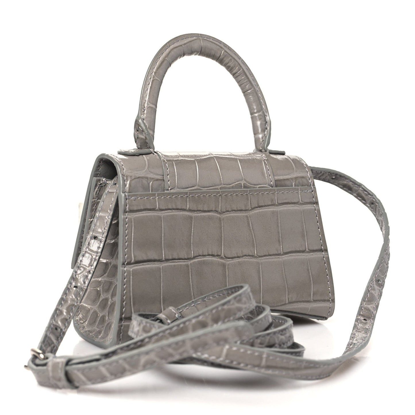 Balenciaga Shiny Calfskin Crocodile Embossed Hourglass Top Handle Bag Mini Steel Grey