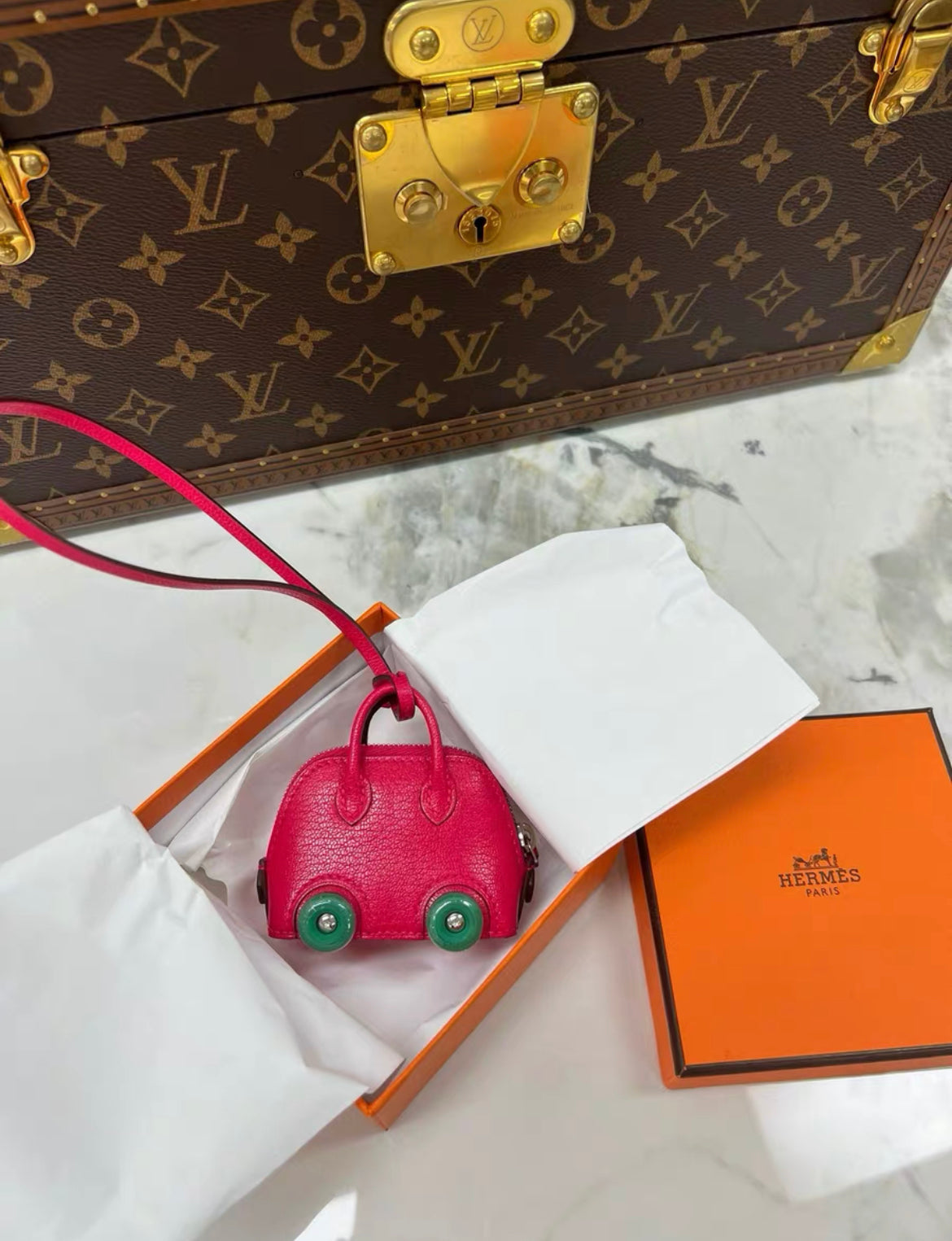 Hermes Bolide on Wheels Charm?Rose extreme/Vert vertigo Chevre chamkila goatskin Silver hardware