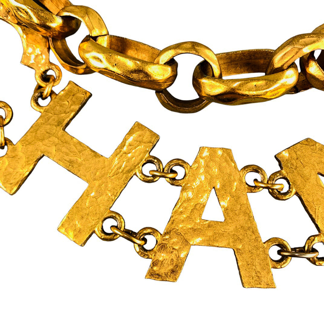 Chanel 1993   Gold Tone Hammered Metal Chain Letters Belt