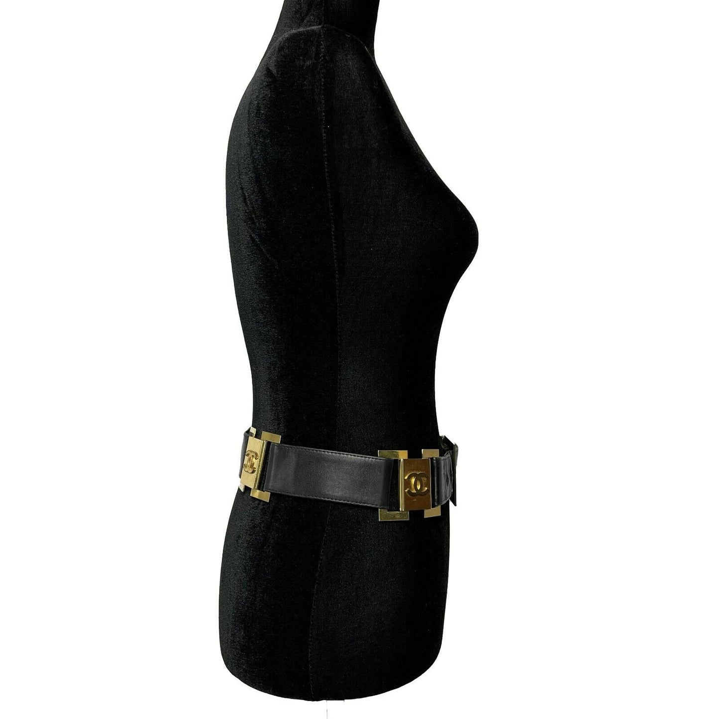 CHANEL   1980's Black Leather and Gold Buckle CC Link Belt