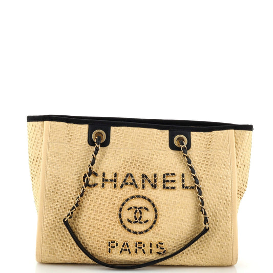 CHANEL Deauville Tote Straw with Chain Detail Small