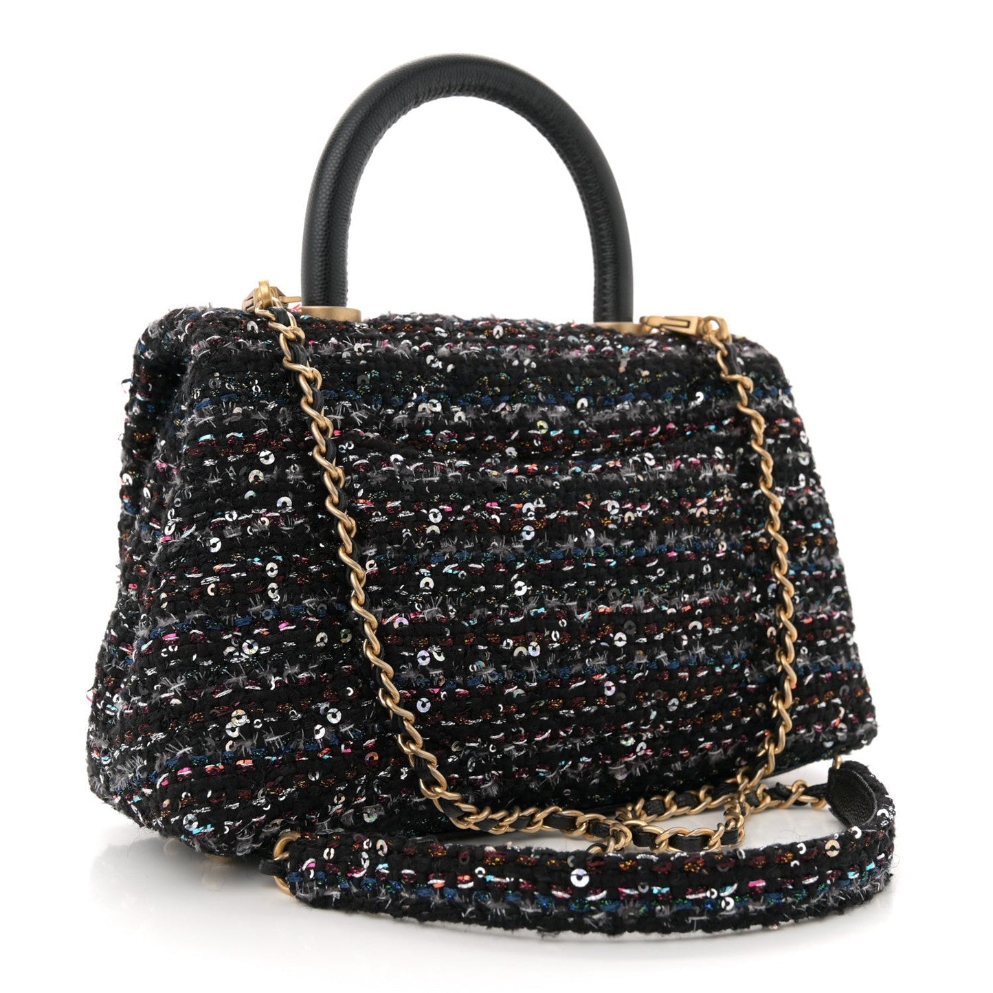 Amelia Tweed Sequin Mini Coco Handle Flap Black