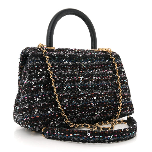 Amelia Tweed Sequin Mini Coco Handle Flap Black