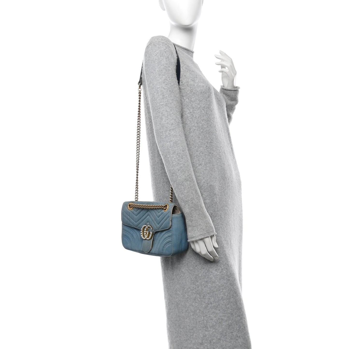 Amelia Denim Matelasse Small Pearly GG Marmont Shoulder Bag Blue