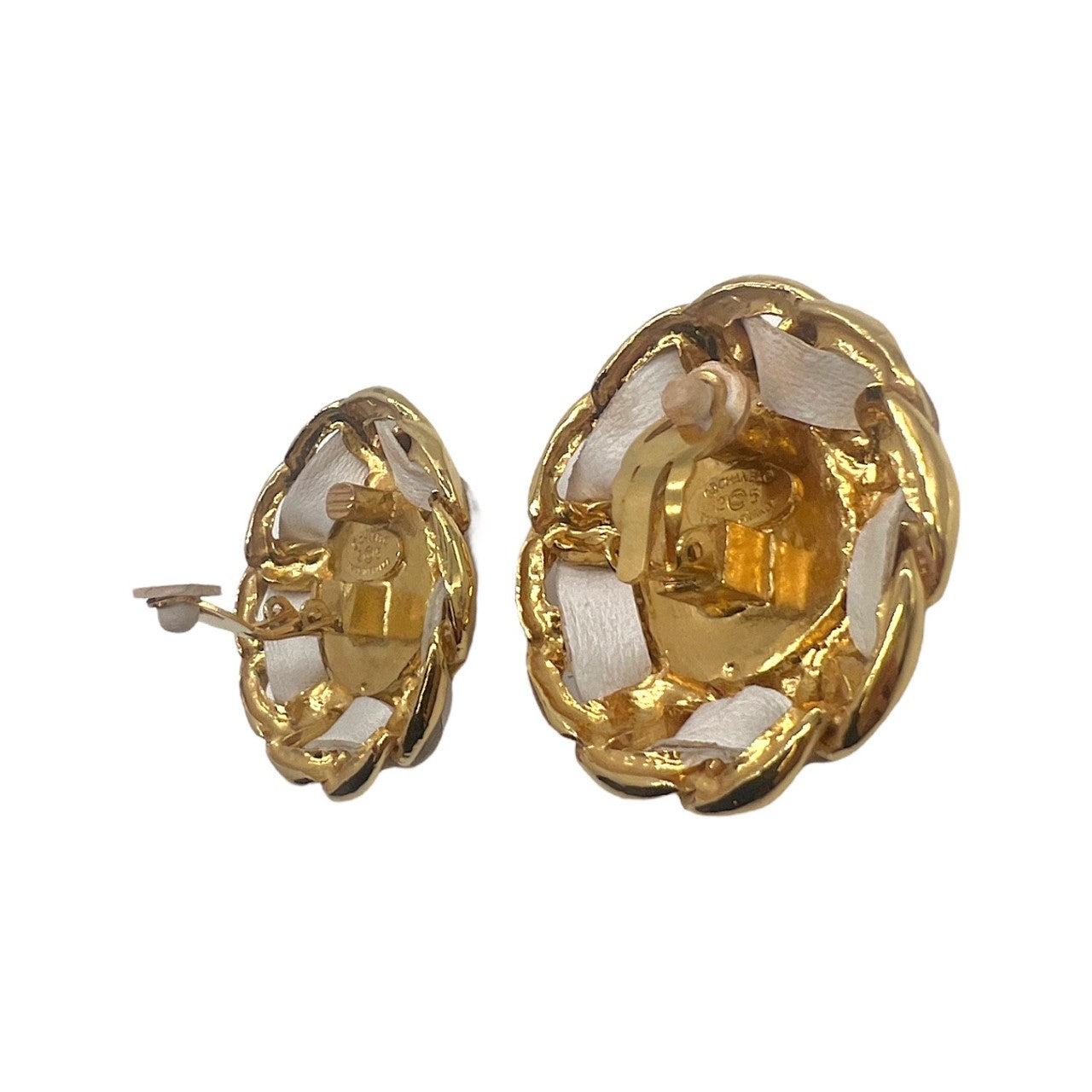Chanel Peach Synthetic Pearl Leather & Chain Earrings