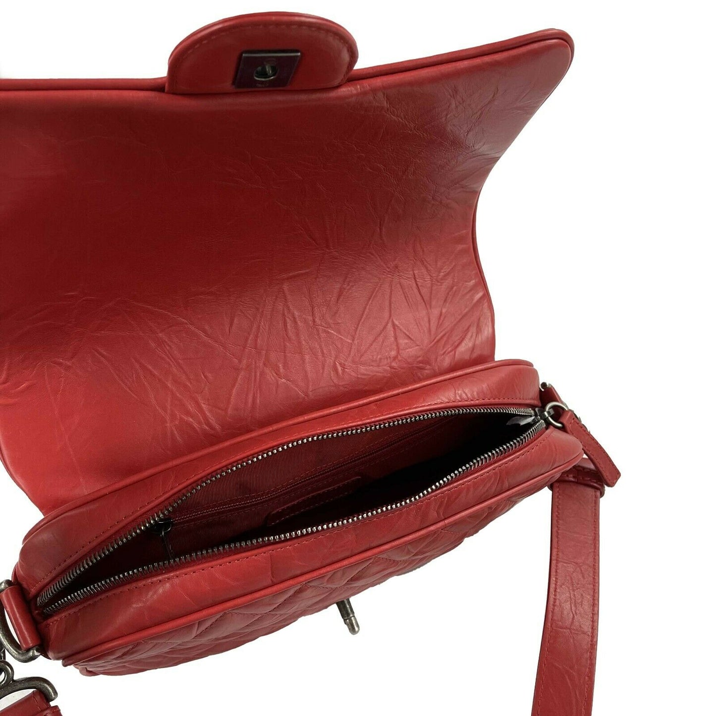 CHANEL Red Crinkled Leather Boy Chain Flap Bag / Silver-Aged - Shoulder Bag