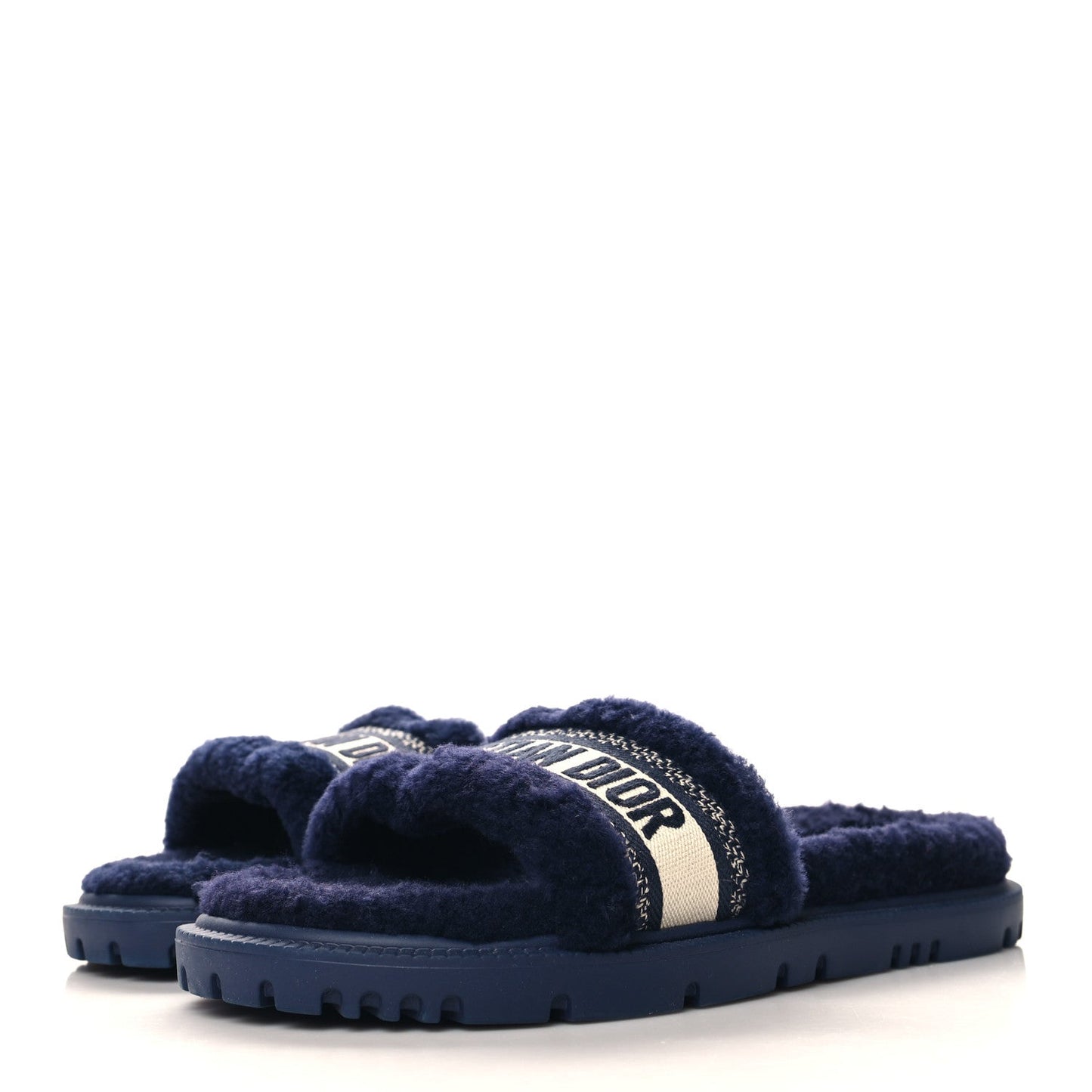 Christian Dior Shearling Canvas Lurex Embroidered Dway 10mm Slide Sandals 41 Navy Natural