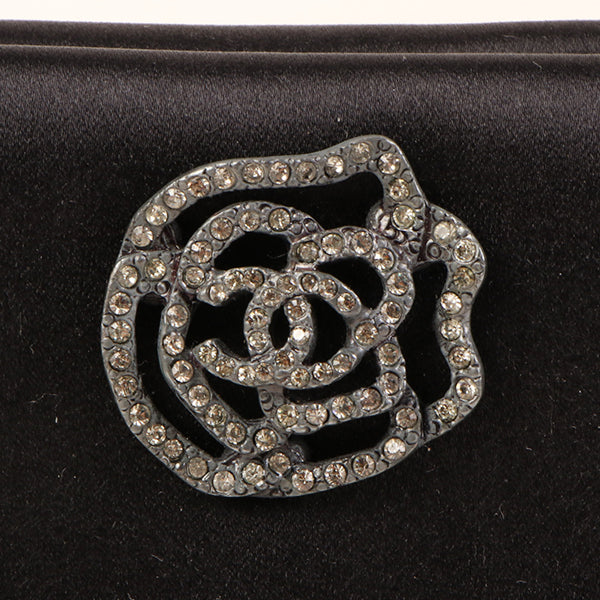 CHANEL Around 2000 Made Silk Satin Rhinestone Camellia Cc Mark Mini Top Handle Bag Black