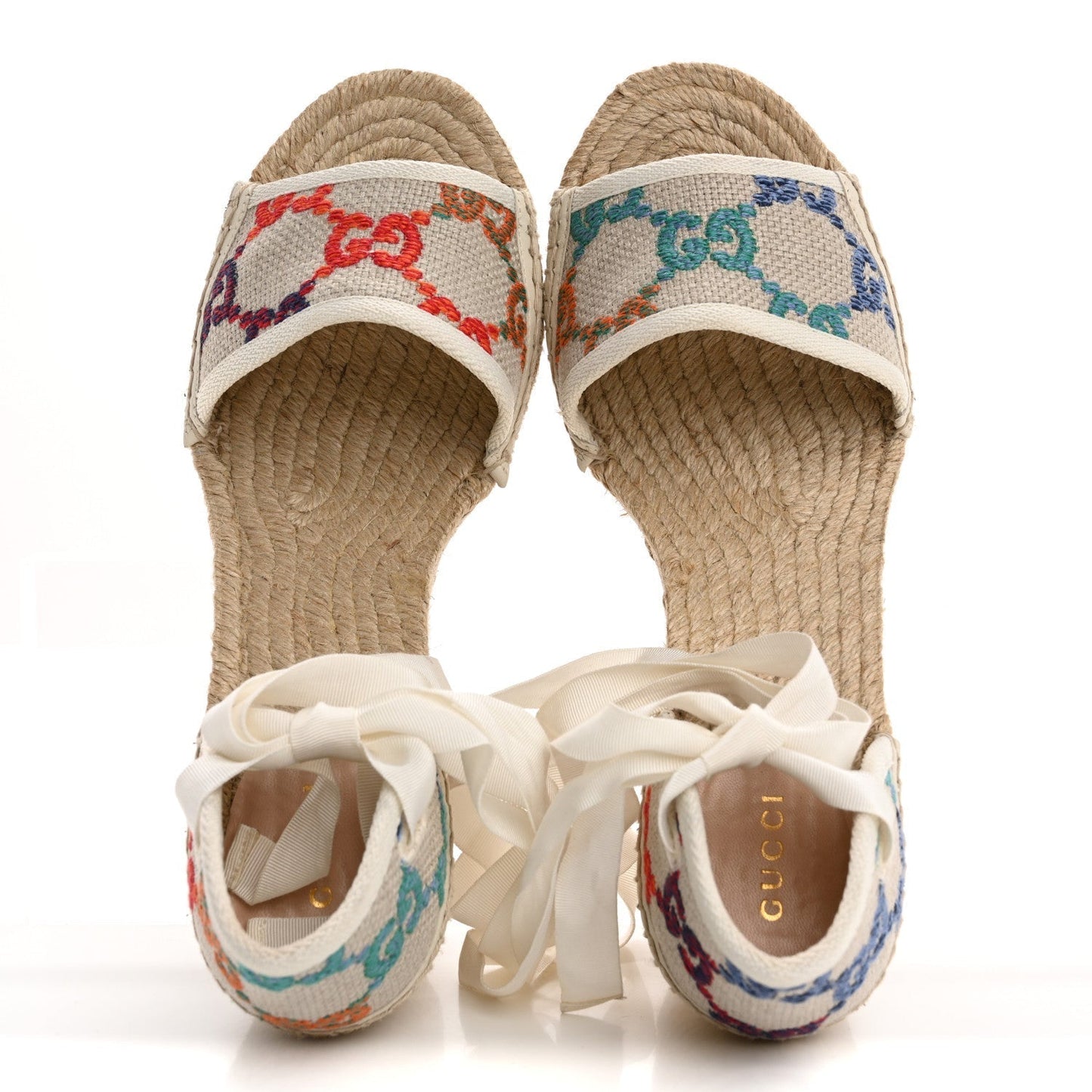 Amelia Linen Psychedelic Mini GG Monogram Ankle Wrap Platform Espadrille Wedge Sandals 39 Multicolor Mystic White