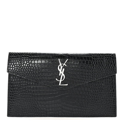 Saint Laurent Calfskin Crocodile Embossed Uptown Monogram Clutch Black