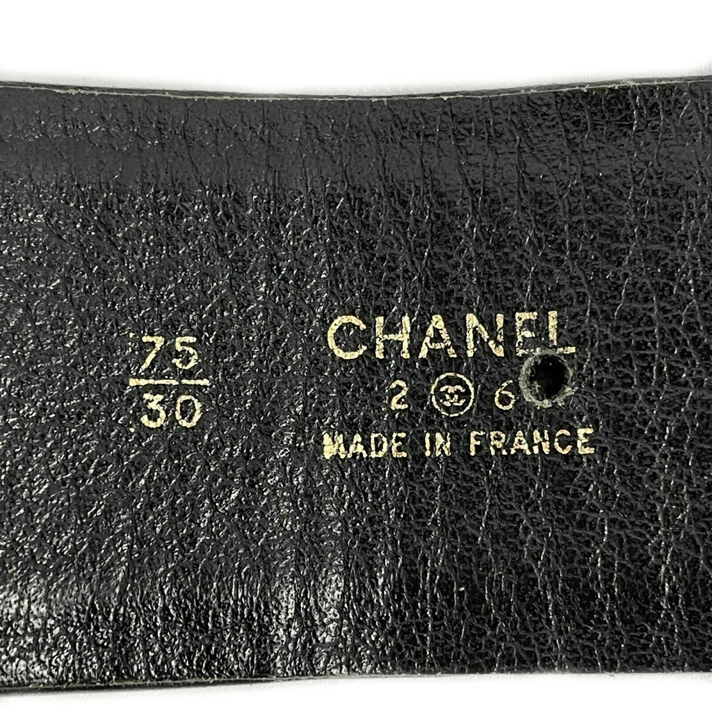 CHANEL   1980's Black Leather and Gold Buckle CC Link Belt
