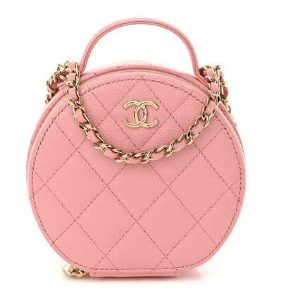 Amelia Caviar Quilted Round Handle With Care Vanity With Chain Pink