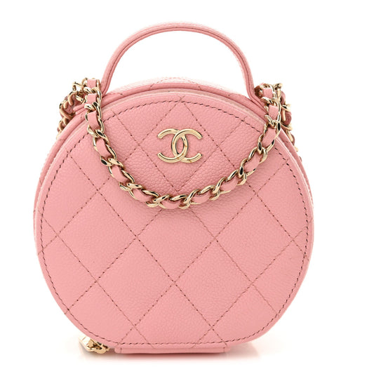 Amelia Caviar Quilted Round Handle With Care Vanity With Chain Pink