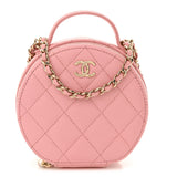 Amelia Caviar Quilted Round Handle With Care Vanity With Chain Pink