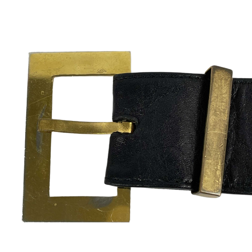 CHANEL   1980's Black Leather and Gold Buckle CC Link Belt