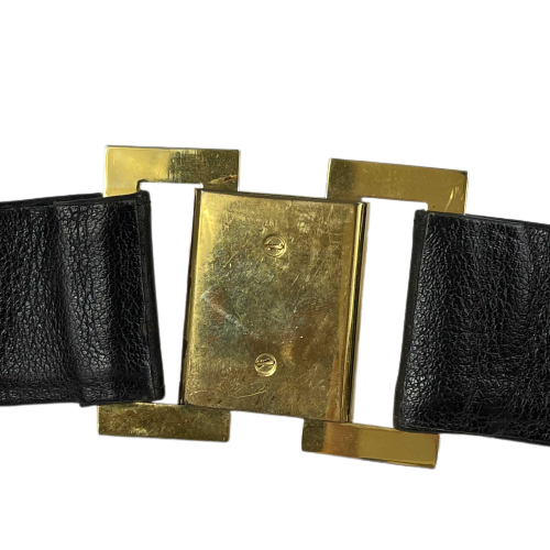 CHANEL   1980's Black Leather and Gold Buckle CC Link Belt