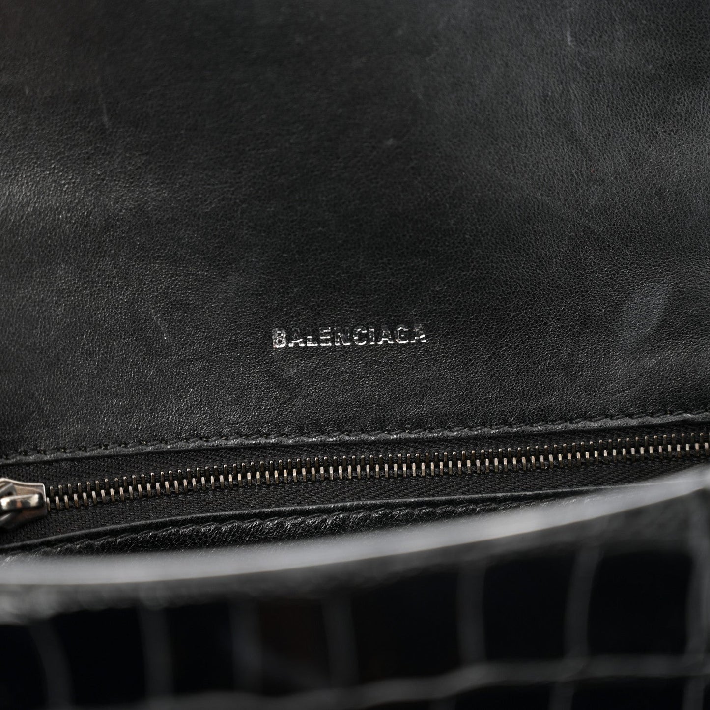 Balenciaga Shiny Calfskin Monochrome Crocodile Embossed Small Hourglass Top Handle Bag Black