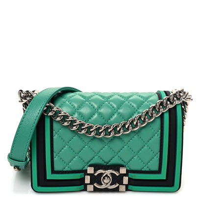 Amelia Lambskin Rubber Quilted Small Tone Boy Flap Green Black