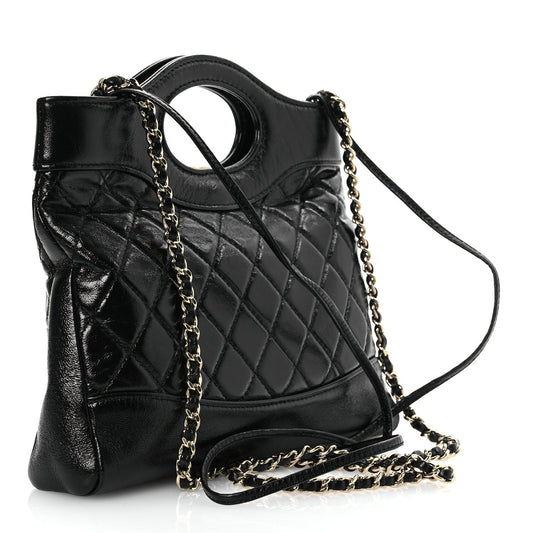 Amelia Shiny Crumpled Calfskin Quilted Mini 31 Shopping Bag Black