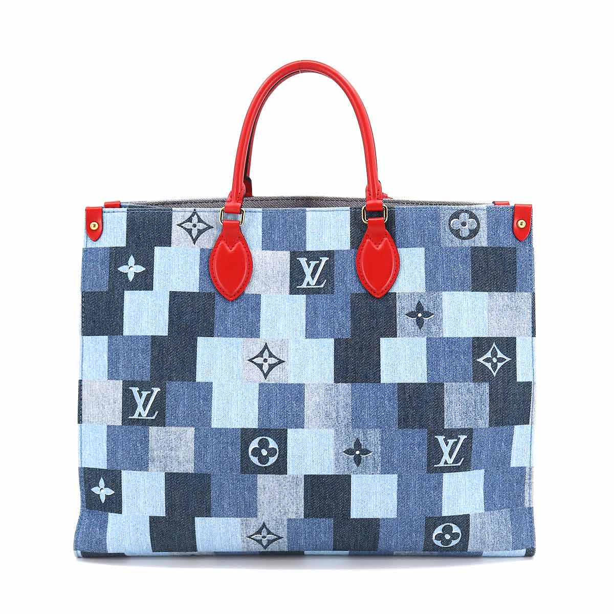 Louis Vuitton Monogram Denim Onthego GM 2way Tote Bag Blue Red