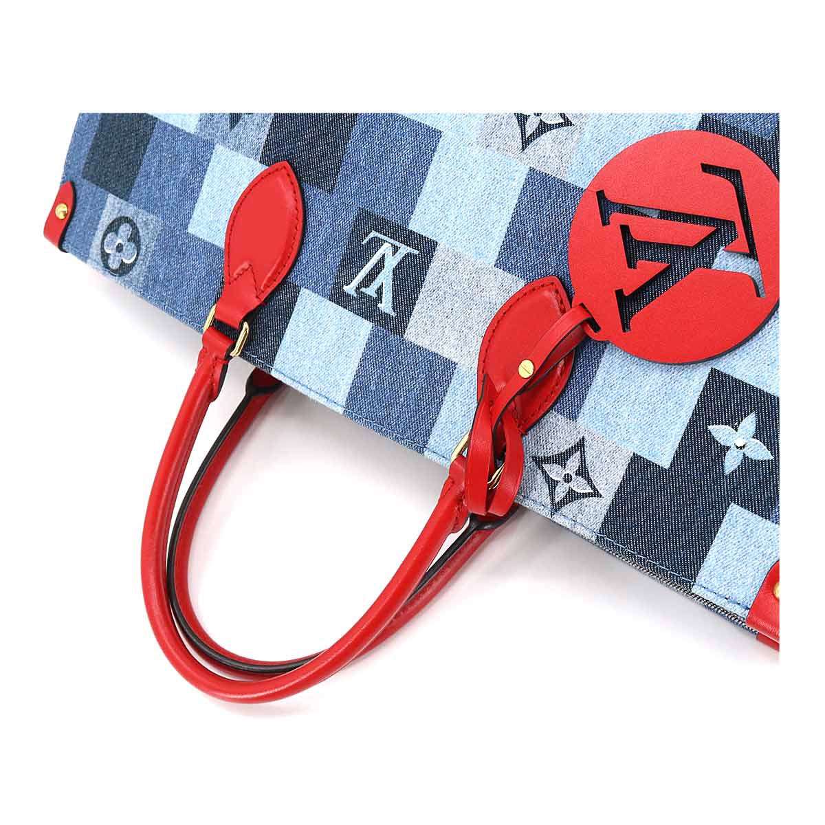 Louis Vuitton Monogram Denim Onthego GM 2way Tote Bag Blue Red
