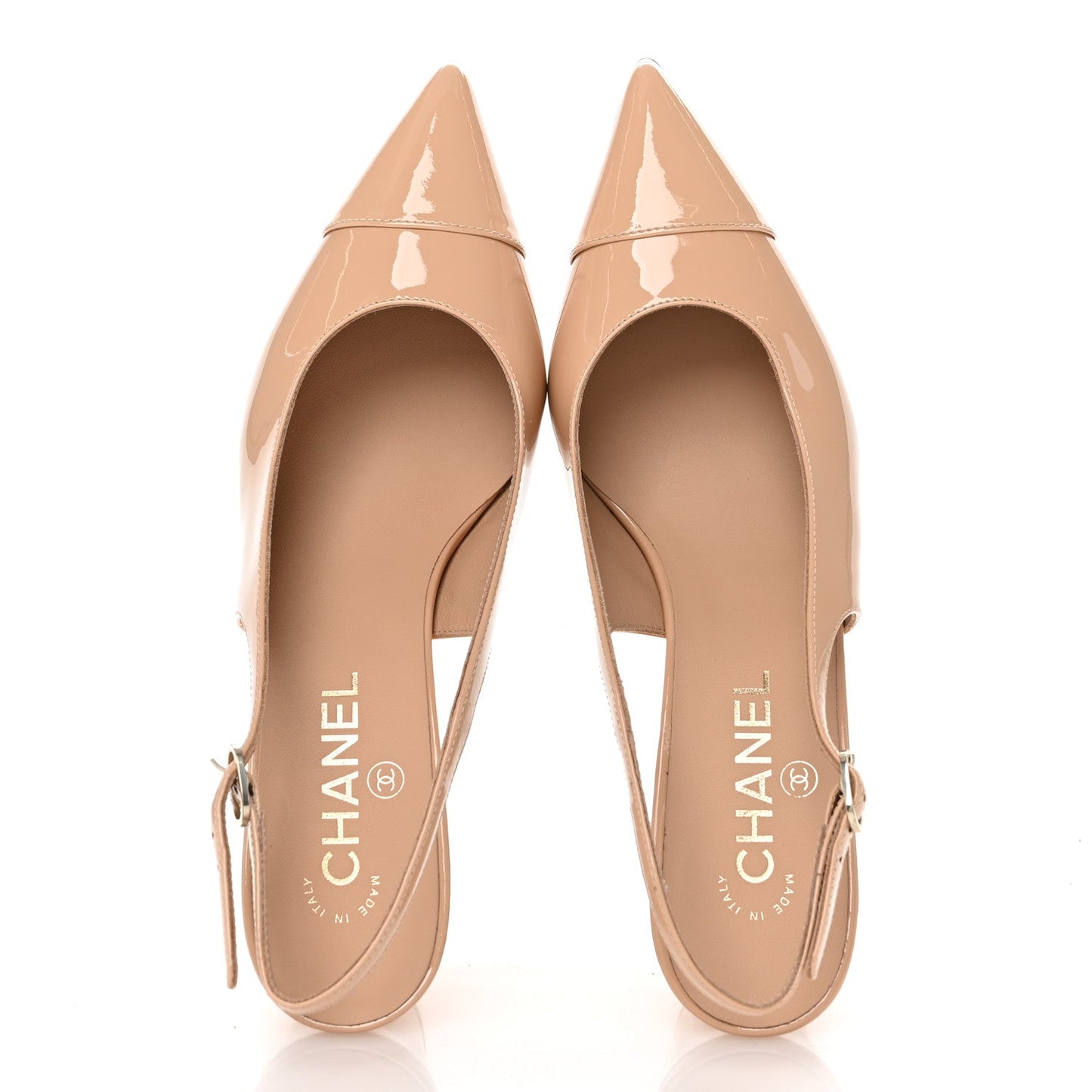 Amelia Patent Calfskin Cap Toe CC Slingback Pumps 38 Beige