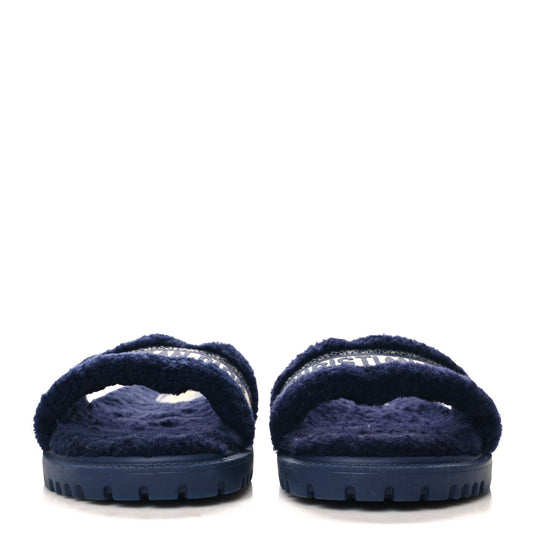 Christian Dior Shearling Canvas Lurex Embroidered Dway 10mm Slide Sandals 41 Navy Natural