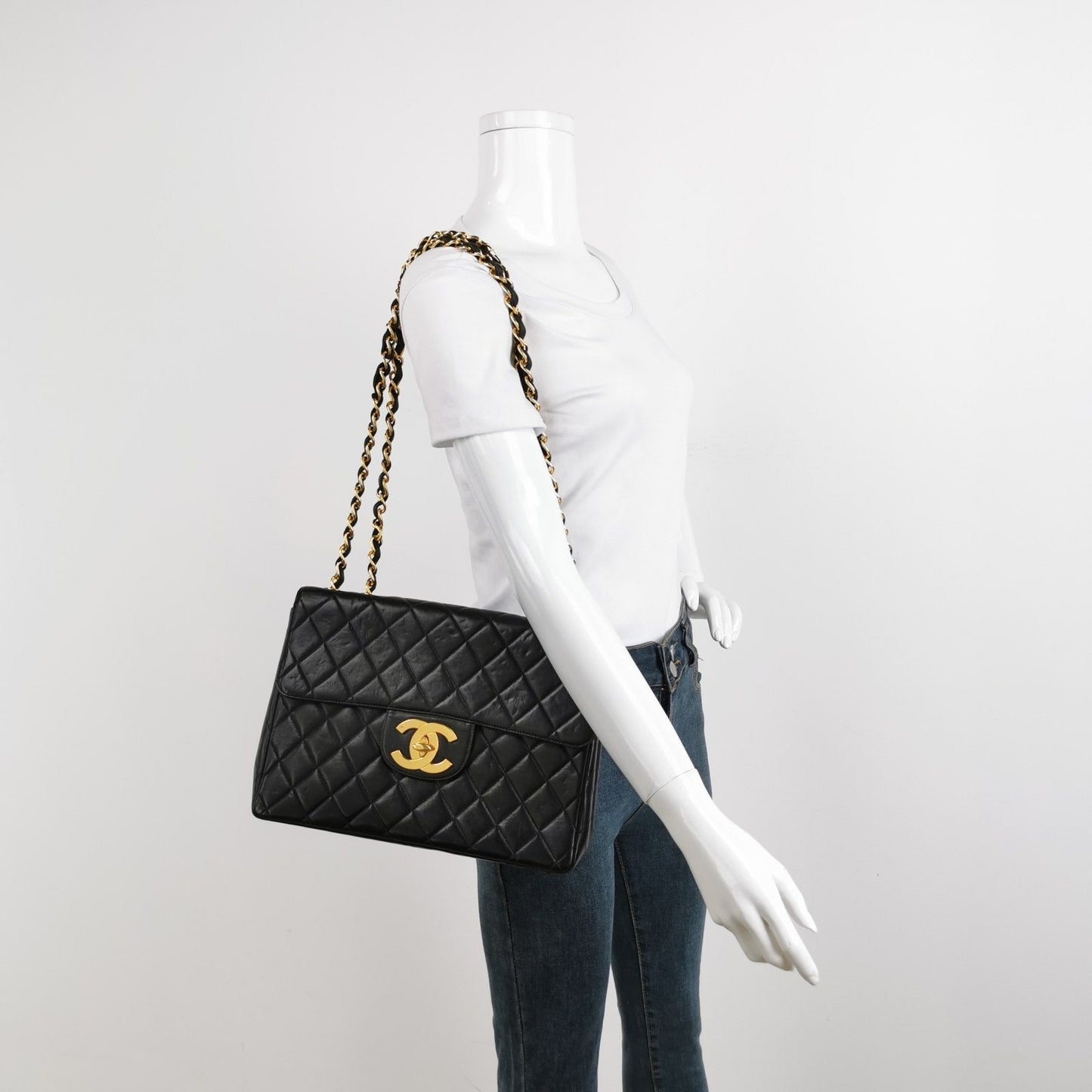 Chanel Classic Flap Large 1994   Black Lambskin Leather 24k Gold Plated Mega CC Logo