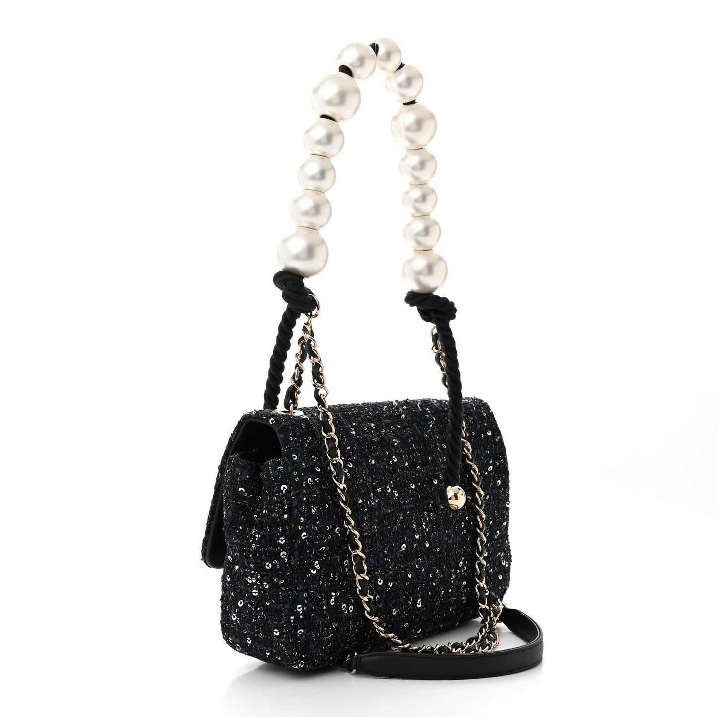 Amelia Tweed Medium Pearl Handle Flap Black Ecru