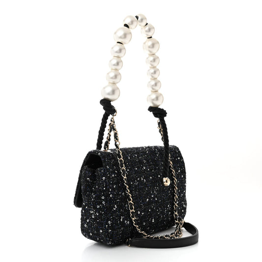 Amelia Tweed Medium Pearl Handle Flap Black Ecru