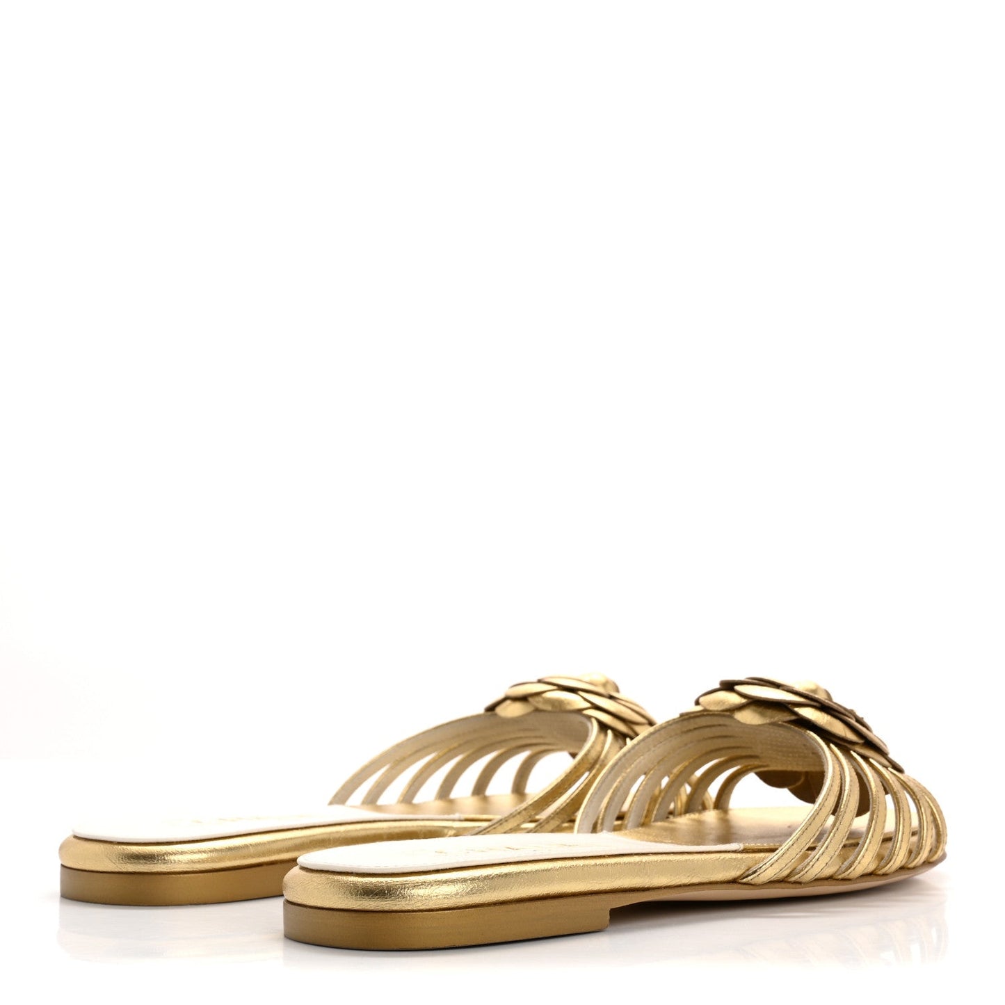 Amelia Laminated Lambskin Camellia CC Slide Sandals 36 Golden