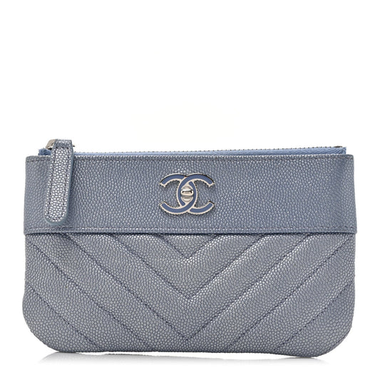 Amelia Caviar Chevron Quilted Small      Mademoiselle Cosmetic Case Blue
