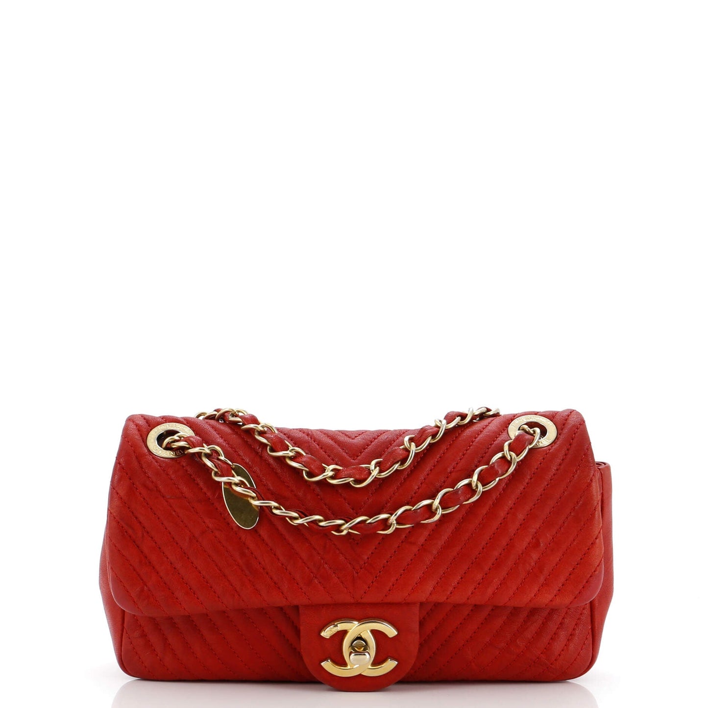 CHANEL Medallion Charm Flap Bag Chevron Wrinkled Lambskin Small