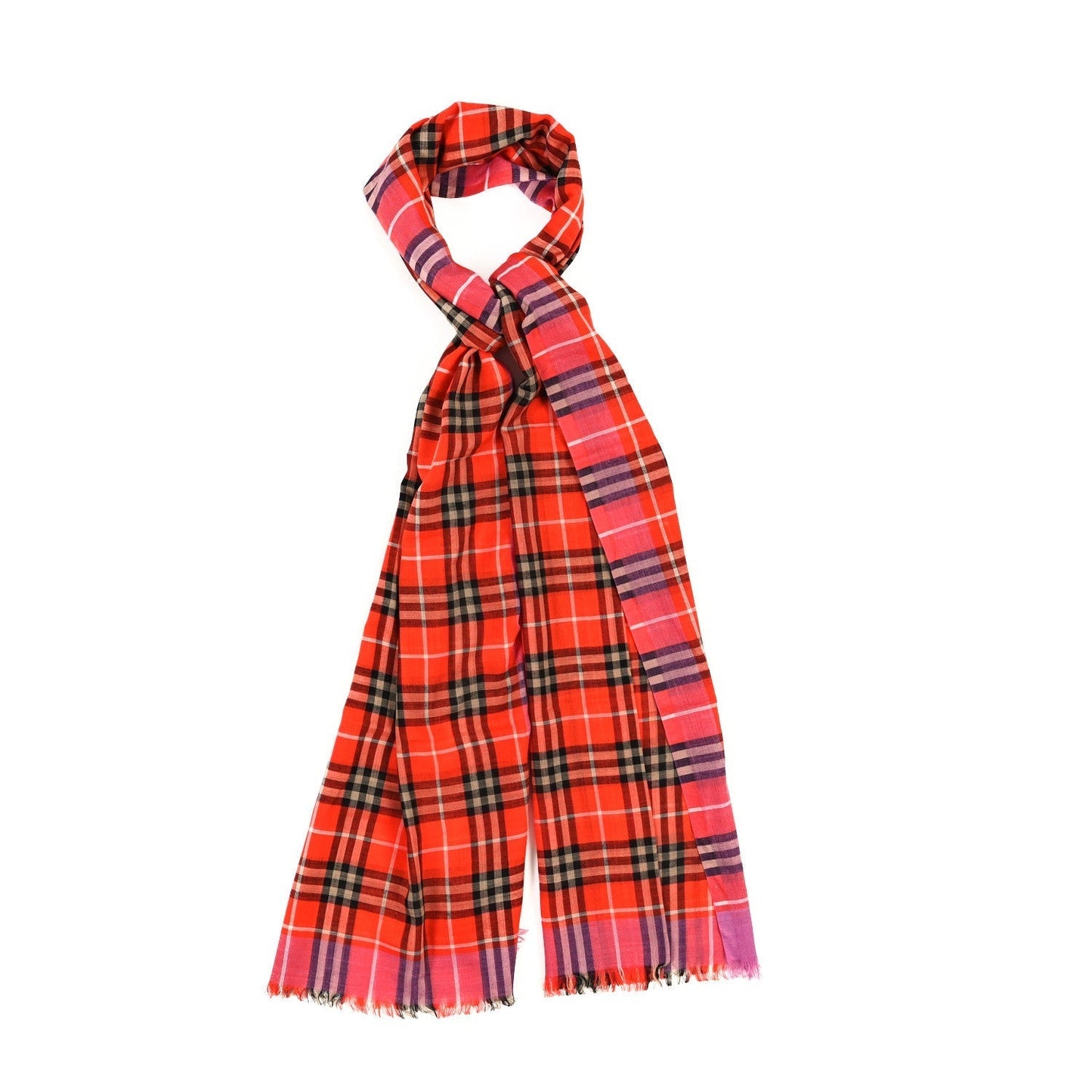 Amelia Wool Silk Gauze      Check Scarf Orange Pink