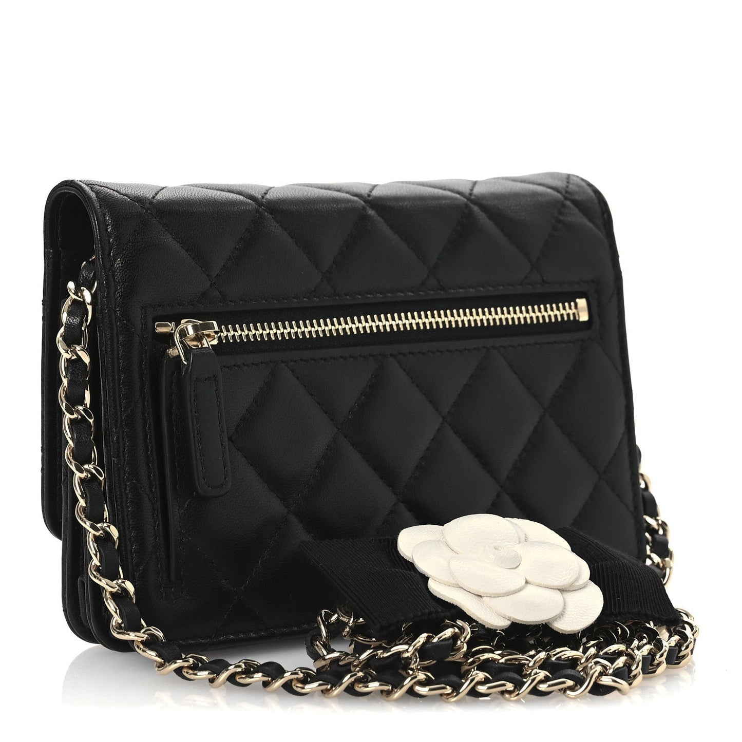 Amelia Lambskin Quilted Mini Camellia Bow Wallet On Chain WOC Black