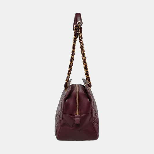 Chanel Petite Shopping Tote PTT Burgundy Lambskin Leather Gold-Tone Chain Shopping Bag