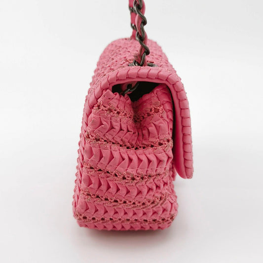 Chanel Mini Square Classic Flap Pink CC Paris Seoul Crochet Leather