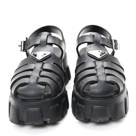 Prada Foam Rubber Triangle Logo Monolith 55mm Cage Sandals 39 Black
