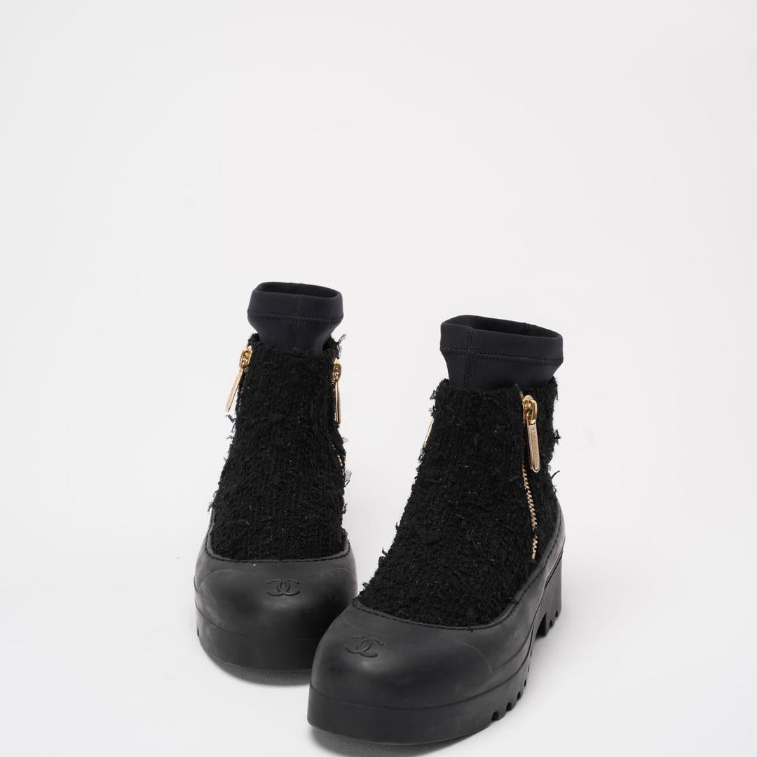 Chanel Black Tweed Rubber CC Short Boots Size 40