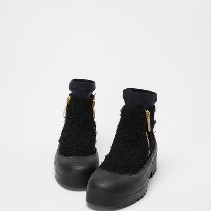 Chanel Black Tweed Rubber CC Short Boots Size 40