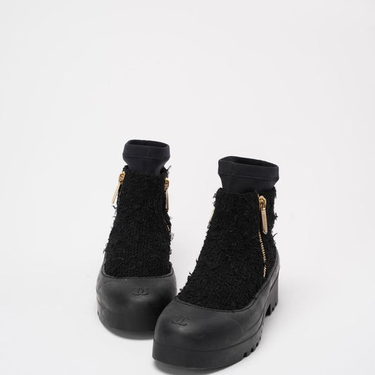 Chanel Black Tweed Rubber CC Short Boots Size 40