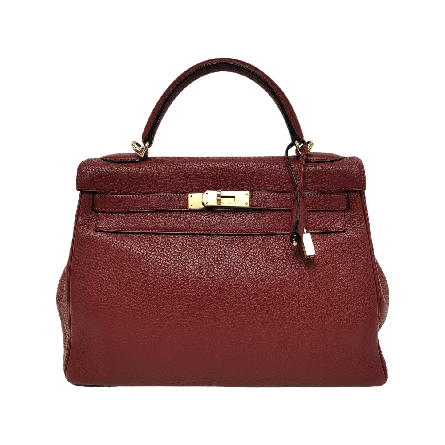 Hermes Kelly 32 Retourne Rouge H Burgundy Clemence Leather Double Ring Gold HW 2004