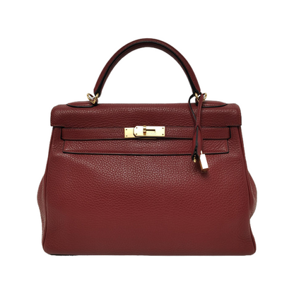 Hermes Kelly 32 Retourne Rouge H Burgundy Clemence Leather Double Ring Gold HW 2004