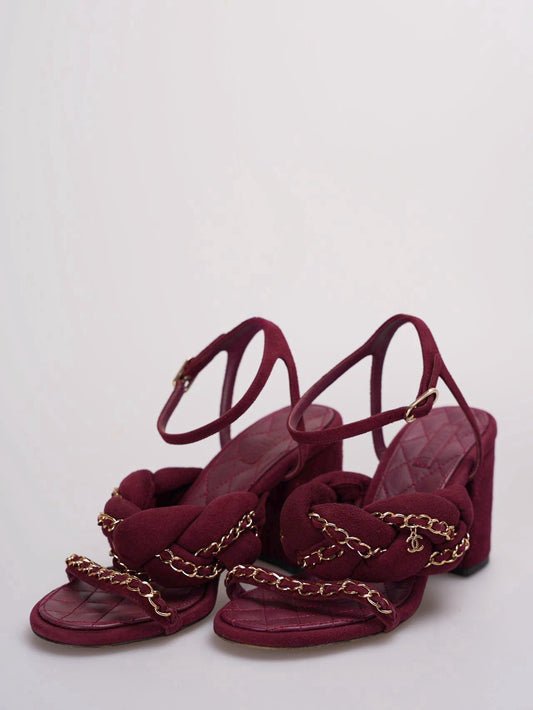 Chanel Suede Chain Braided Sandals 38C in Burgundy
