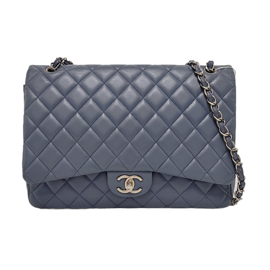 Chanel Classic Flap Maxi Misty Blue Lambskin Leather Double Flap with Silver-tone Hardware