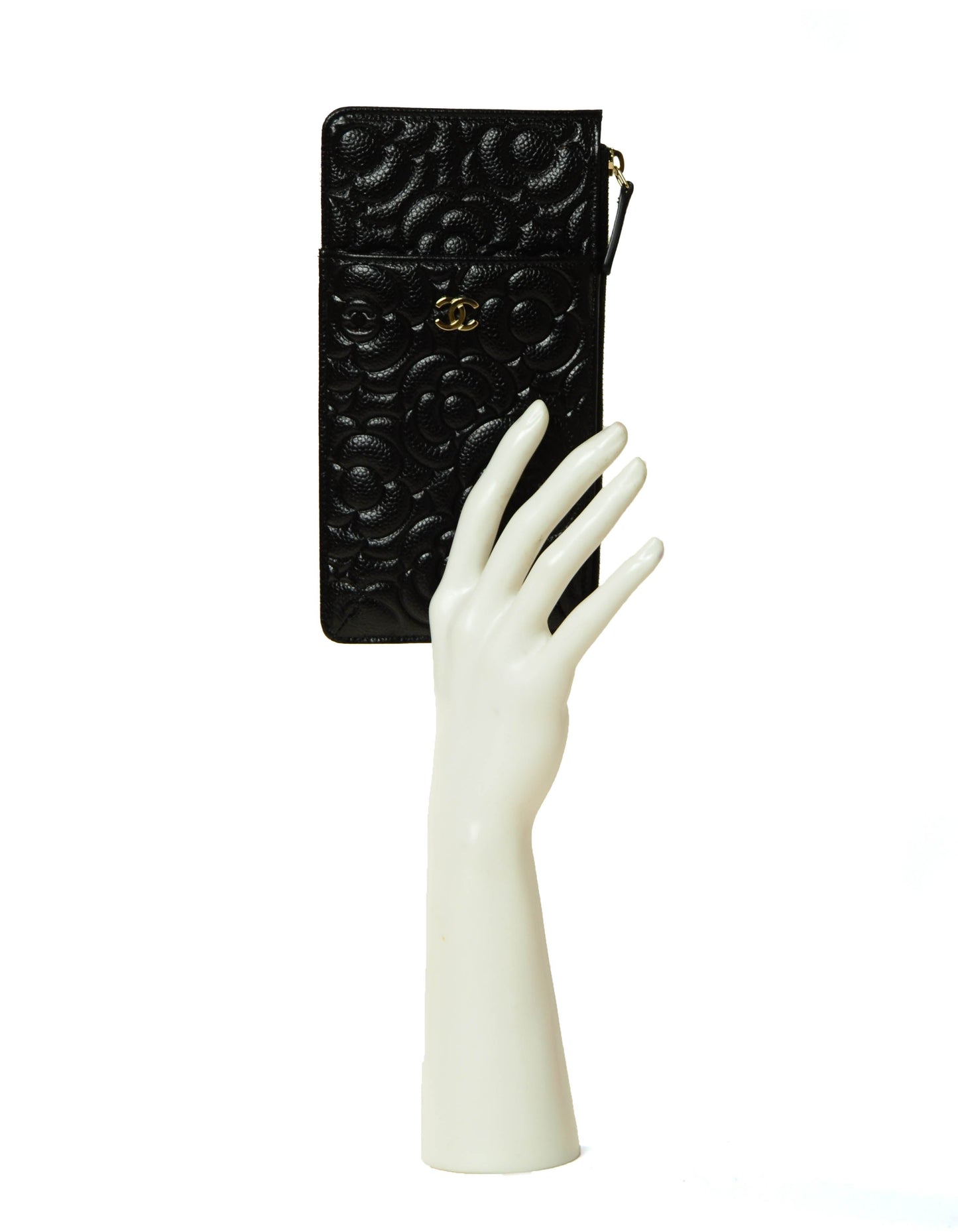 Chanel Black Caviar Camellia Embossed Classic Flat Wallet iPhone Pouch