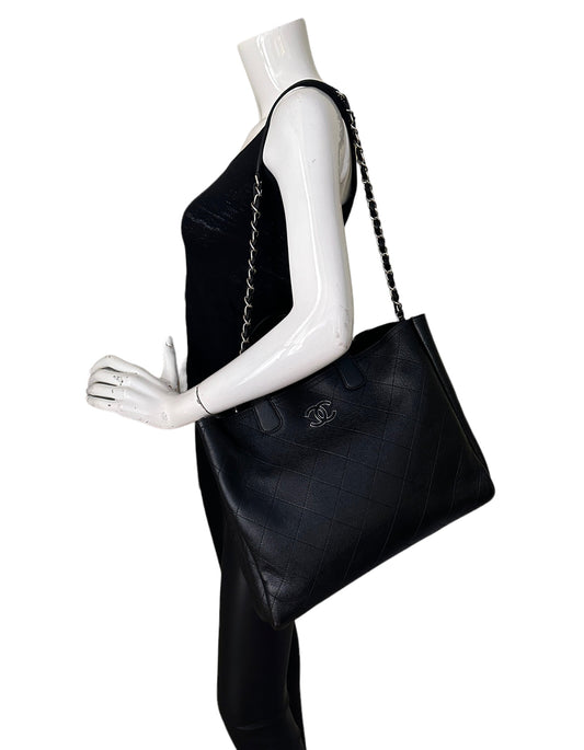 Chanel Black Caviar Leather Quilted CC Shopping Tote Bag