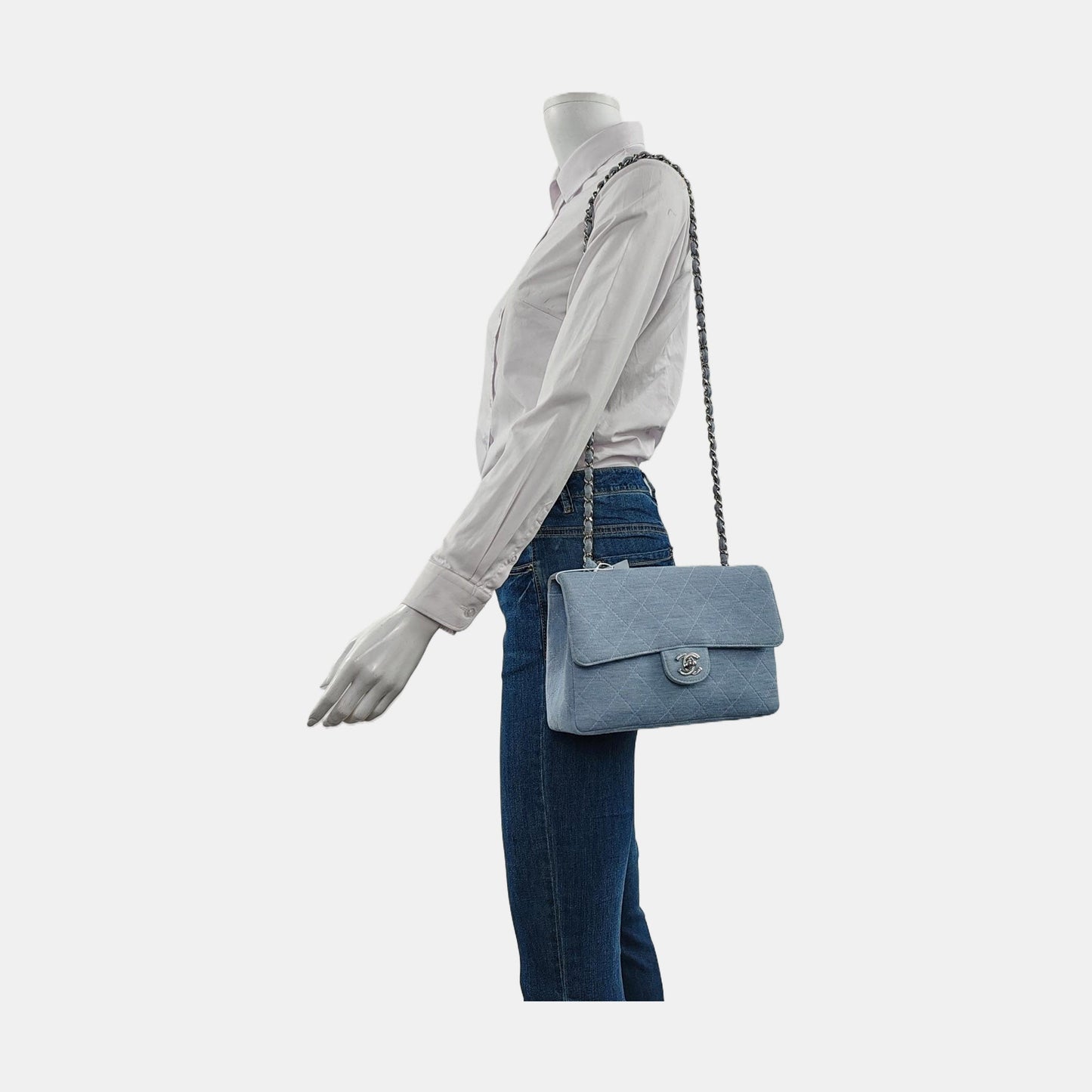 Chanel Classic Flap Medium   Sky Blue Cotton Fabric Silver Hardware Single Flap 1997-1999